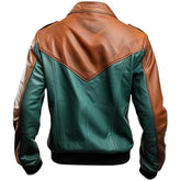 Men's Classic Green-Brown Splash Panel Bomber Cowhide Leather Jacket